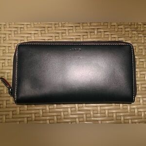 LODIS Audrey Iris Zip-Around Folding Wallet In Black w/ Red Stitching  *EUC*